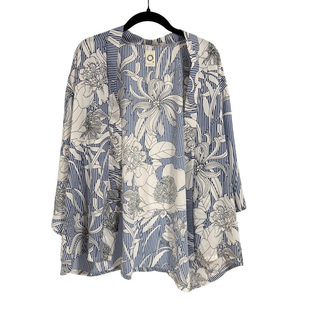 Anthropologie Akemi‎ + Kin Savannah Blue White Floral Striped Kimono OS